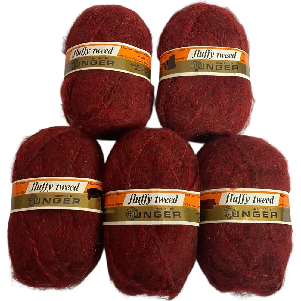 5 Skeins Unger Fluffy Tweed Yarn Red 714 Acrylic France 1.75oz Each Vintage
